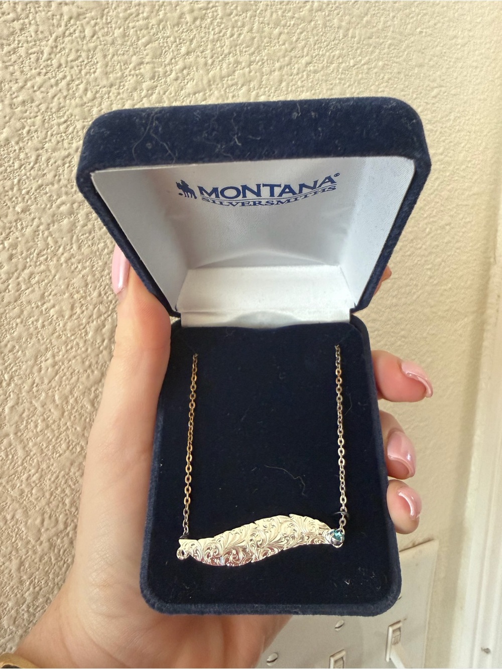 Montana Silversmiths Silver-Tone Engraved Bar Necklace with Aqua Accent